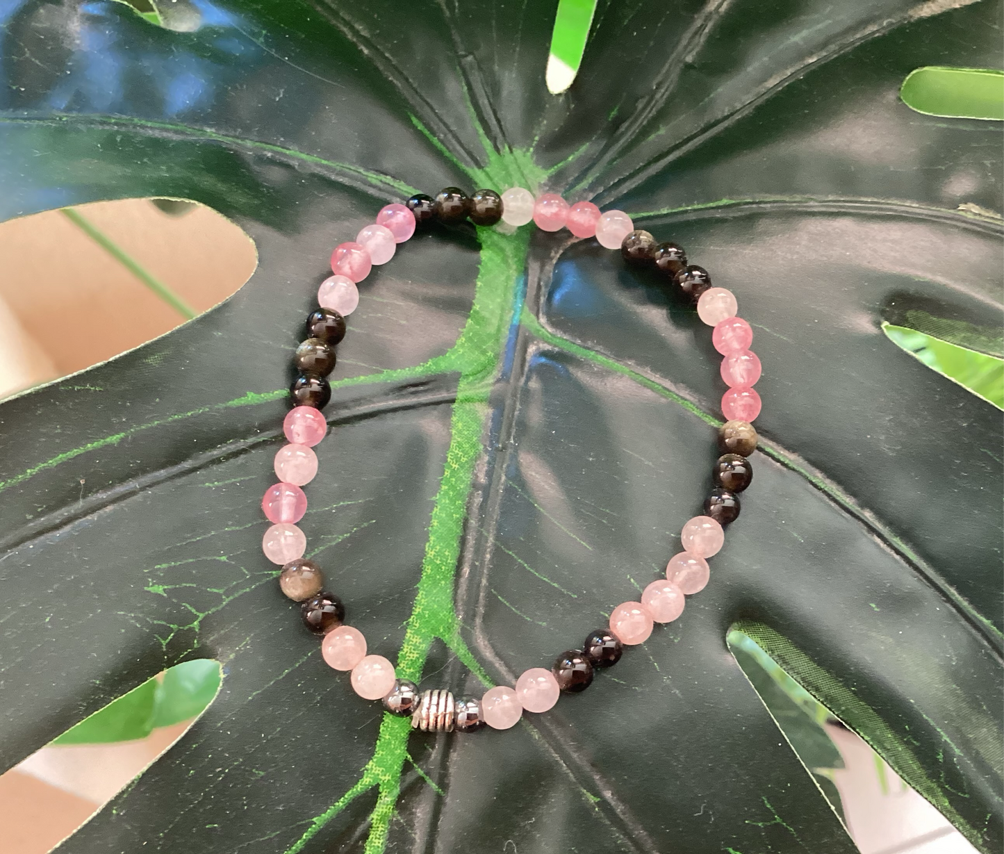 Bracelet Quartz Rose et Obsidienne Noire Œil Céleste 17 cm 0,4mm