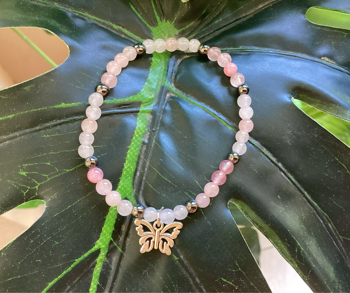 Bracelet en Quartz Rose et Hématite 16 cm 0,4 mm